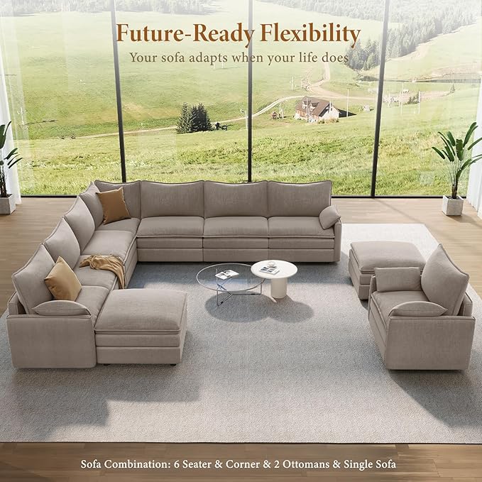 Vesgantti Large Modular Sectional Sofa, Big Comfy Cloud Couch with Ottoman Deep Seat Chenille Cloud Sofa, 9 Seater Large Sectional Couches for Living Room, Bedroom and Apartment, Light Brown