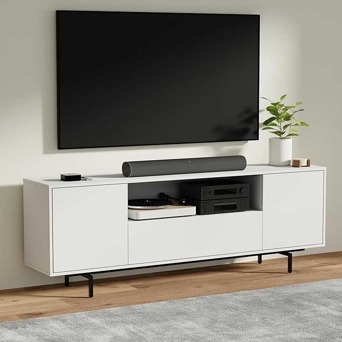 Norrhaus 75-Inch Modern TV Stand – White Finish, 26-Inch Height, No Tools Assembly Technology, Storage Cabinets with Center Channel Speaker Shelf, Mid-Century Modern Design