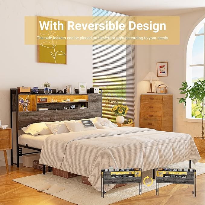 Unikito Headboard for Queen Size Bed, Bookcase Style Head Board with Power Outlet and RGB LED Light, Reversible Headboard with Storage, Height Adjustable, Sturdy and Stable, Queen Size, Black Oak