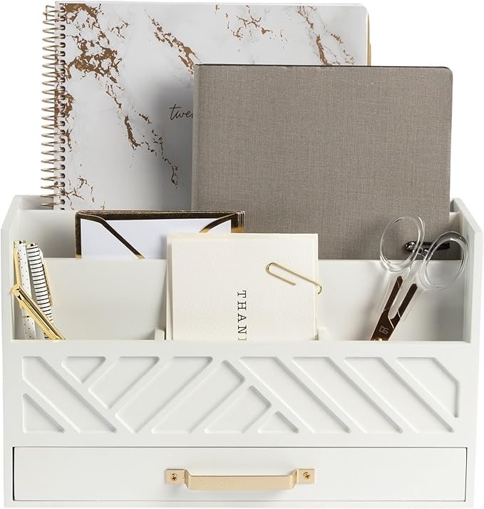 BLU MONACO White Wooden Mail Organizer with Drawer and Gold Handle – Desk Accessories for Office Organization and Storage – Home, Office, and Classroom Supplies