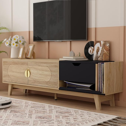 Modern TV Stand for TVs up to 70 Inch, Wood Entertainment Center with CD Storage Cabinet, TV Console Table with 2 Doors and Power Outlets, for Living Room (Natural & Black, 63inch)