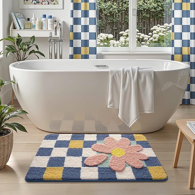 LUMI Bathroom Rug 24x36, Soft Absorbent Microfiber Bath Mats, Machine Washable Bath Rugs with Non-Slip Backing, Checkered Design Floor Mat for Bathroom, Shower and Bathtub Floor, Grid Flower