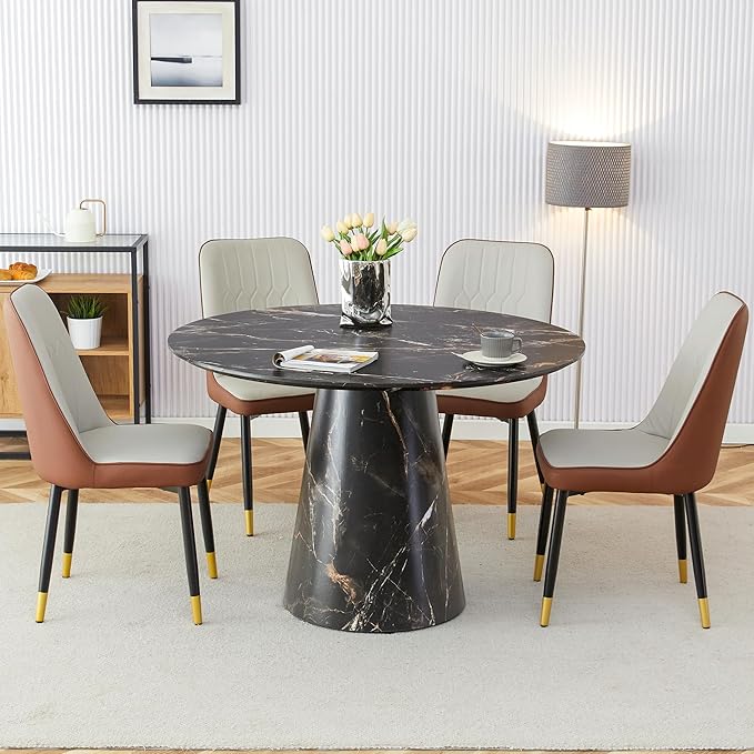 45 Inch Round Dining Table Set for 4, 5 Piece Kitchen Table and Chairs Set, Black Faux Marble Table Top, Small Space Dining Set for Apartment or Dining Room