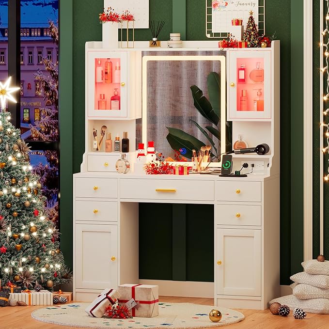 White Makeup Vanity Desk with Mirror and Lights, Large Vanity Table Set with Charging Station, Dressing Table with RGB Cabinets, Makeup Vanity Mirror with Light Desk and Drawers, 3 LED Lights Modes