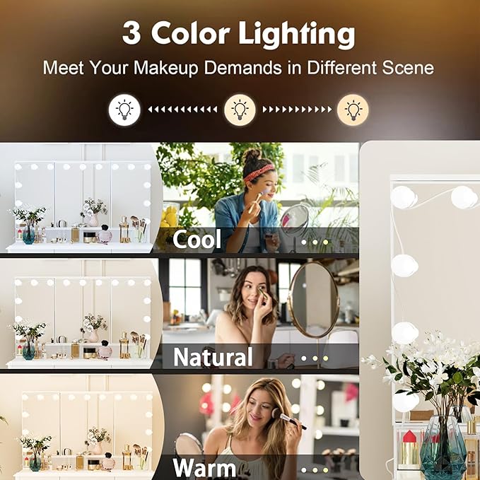 ECACAD White Makeup Vanity Desk with 15 Light Bulbs & 3 Mirrors, Modern Vanity Table Dressing Table with 9 Drawers, Hidden Shelves & Foldable Mirror, 3 Color Lighting Modes, Brightness Adjustable