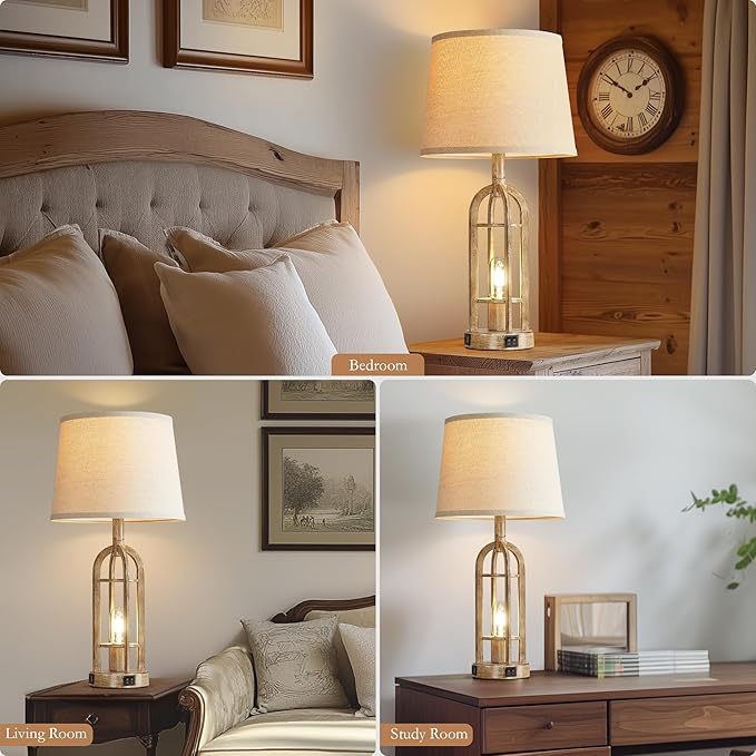 Table Lamps for Living Room End Table Set of 2 - Rustic Farmhouse Bedside Lamps for Bedroom Nightstand with Nightlight and USB A+C, 4 Bulbs Included