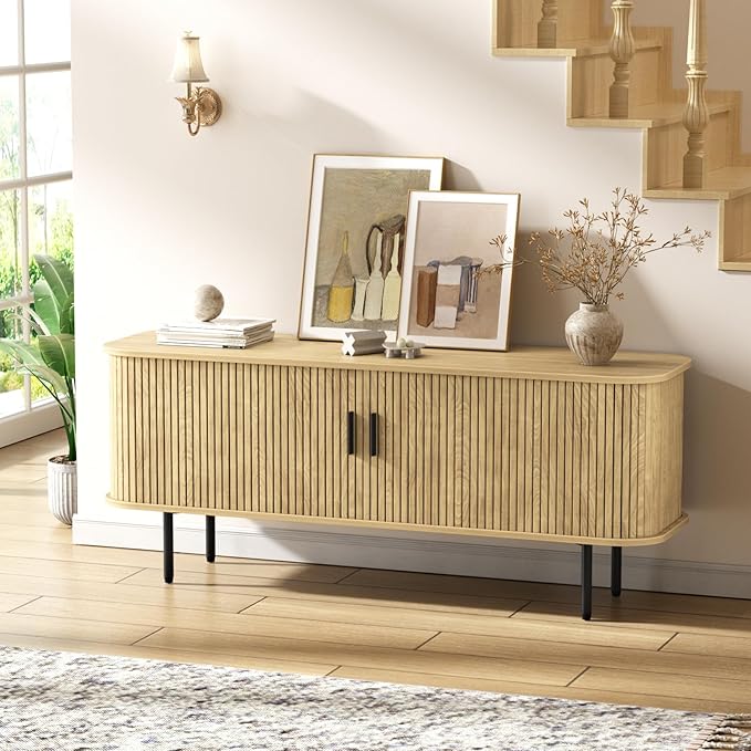 55" Natural Fluted TV Stand for TVs up to 65 Inch, Gaming Entertainment Center with Tambour Slatted Sliding Doors and Storage Cabinet, Media TV Consoles Table for Living Room, Office