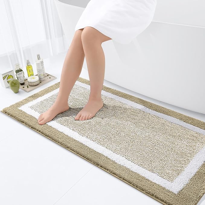 OLANLY Bathroom Rugs 47x24, Extra Soft and Absorbent Microfiber Bath Mat, Non-Slip, Machine Washable, Quick Dry Shaggy Bath Carpet, Suitable for Bathroom Floor, Tub, Shower (Runner, Beige)