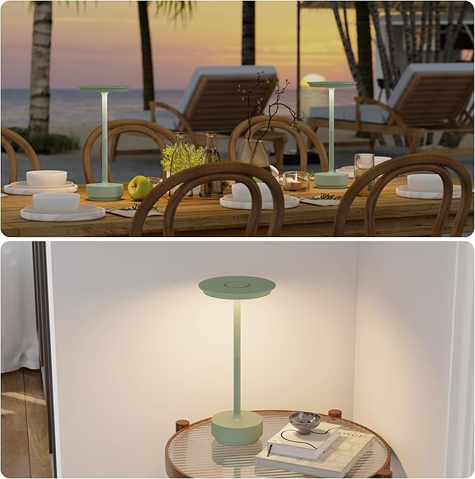 2 Pack Rechargeable Table Lamps Cordless, Portable 5000mAh Outdoor Table Light, 3 Color Stepless Dimming LED Table Lamp with Memory Function, for Home/Dinner/Patio/Restaurant.(Light Green)