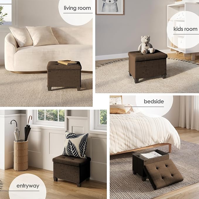 STORAGEBUD Storage Ottoman Cube with Small Bin, 16-in Square Ottoman with Storage for Living Room and Bedroom, Small Ottomans Foot Rest, Velvet Foot Stools Ottomans Max 330lbs, Brown