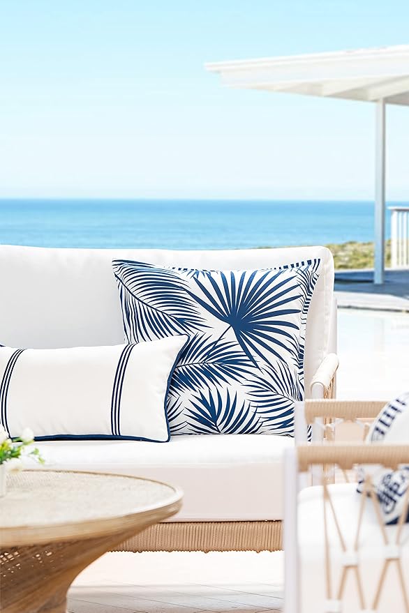 Hofdeco Premium Coastal Hampton Style Patio Indoor Outdoor Pillow Cover Only, 20"x20" Water Resistant for Backyard, Couch, Navy Blue Palm Leaf