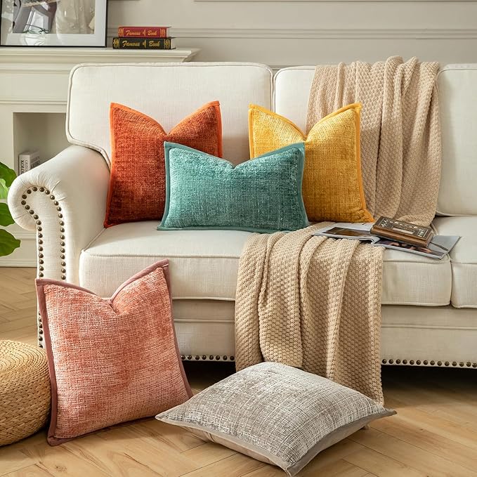 Yaertun Pack of 2 Chenille Textured Decorative Throw Pillow Covers Accent Solid Cushion Cover Soft Cozy Pillow Case with Velvet Back for Couch Sofa Bed Living Room 24x24 Inch Pink