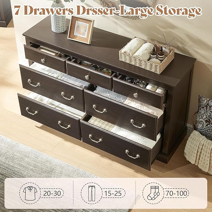 AMERLIFE 7 Drawers Dresser for Bedroom, Farmhouse Chest of Drawers with Vintage Metal Handle, Wooden Dresser Organizer for Hallway, Espresso