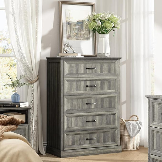 Farmhouse 5 Drawers Dresser for Bedroom, 44" Tall Grey dresser Wood Rustic Chest of Drawers with Wide Metal Handle,Natural Texture,Drawer Organizer for Bedroom,Living Room,Hallway and Entryway