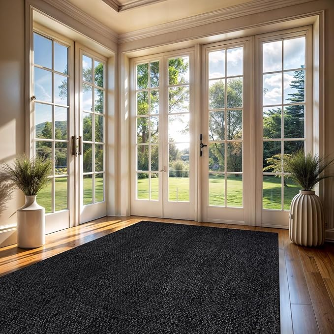 CAMILSON Easy Jute Rug 9x12, Indoor Outdoor Dark Gray Black Farmhouse Area Rugs for Living Room Patio and Kitchen Rug Solid Boho Woven Design Easy-Cleaning Washable Outside Carpet Alfombras (9 x 12)