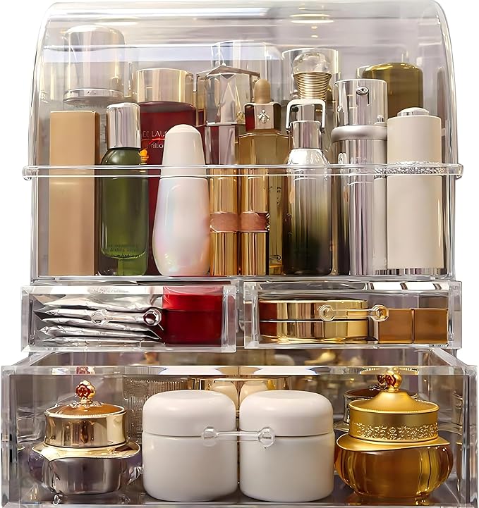 Clear Large Acrylic Makeup Organizer with Lid Cosmetic Storage Drawers Portable Makeup Organizers Dustproof and Waterproof Box for Women 14 inches
