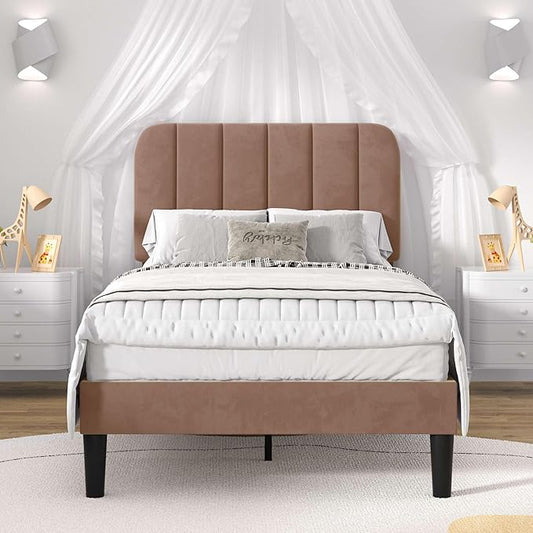 VECELO Twin Size Bed Frame with Upholstered Headboard, Velvet Platform Bedframe Mattress Foundation, Strong Wood Slat Support, No Box Spring Needed,Warm Brown