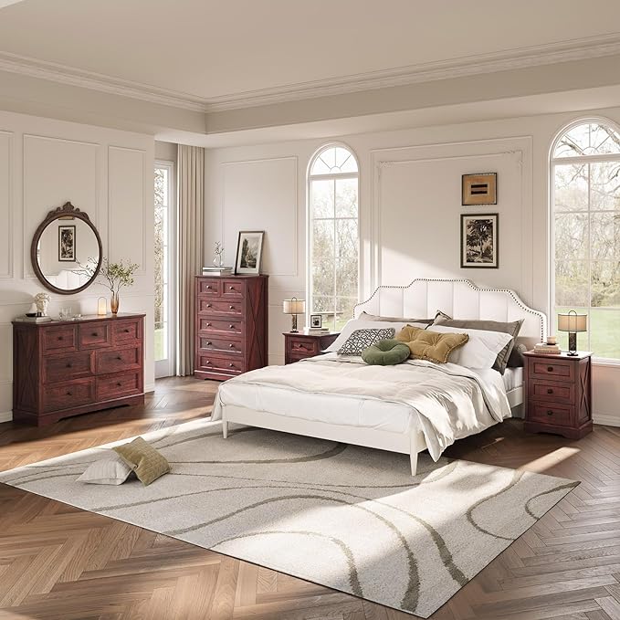 Farmhouse 6 Drawers Dresser Chests for Bedroom, Tall Rustic 6 Chest of Drawers, Wood Dressers Organizer for Closet, Modern Storage Organizer Cabinet for Living Room, Hallway, Entryway, Cherry Red