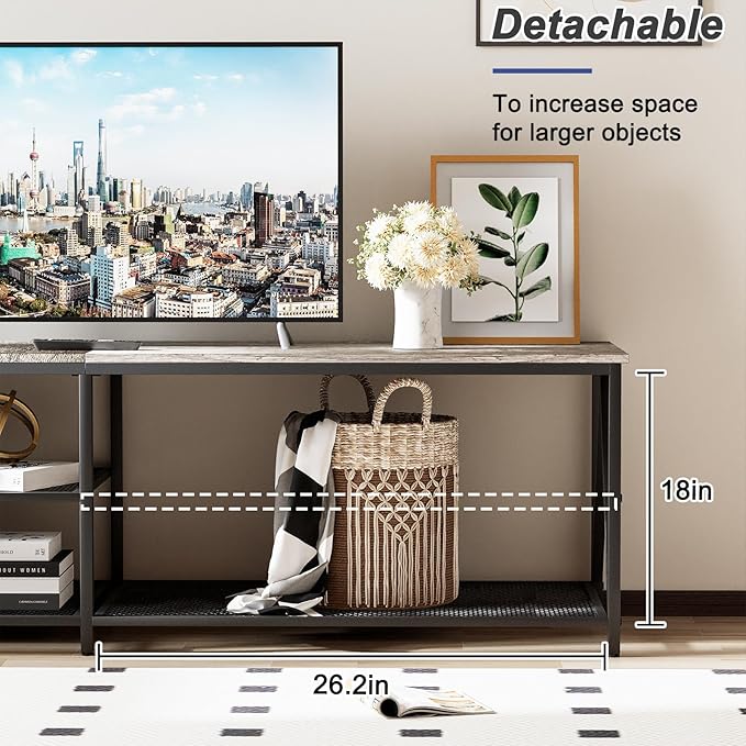 TV Stand for TVs up to 65 Inch, 55" Long Industrial TV Console Table with 3-Tier Storage Shelves, Entertainment Center for Living Room, Bedroom (Gray)