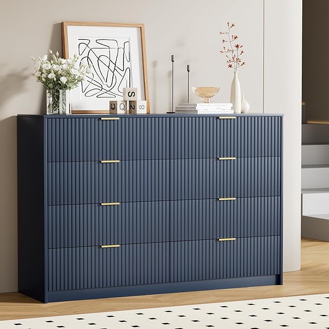 Navy Blue Dresser for Bedroom, Modern Dresser with 8 Drawers and Smooth Slides, Wide Chest of Drawers with Golden Handles for Bedroom, Closet, 15.7" D x 55" W x 37.4" H