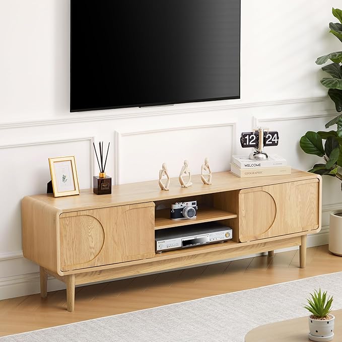 59" Farmhouse TV Stand for Television 55/60/65 Inch, Wooden TV Console with Adjustable Storage Shelf and Arch Sliding Door, Entertainment Center Media Cabinet for Living Room, Bedroom (Natural)