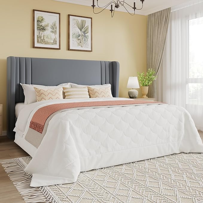 SHA CERLIN Queen Size Velvet Upholstered Platform Bed Frame with Vertical Channel Tufted Wingback Headboard, Wooden Slats Support, Easy Assembly, Under Bed Storage, No Box Spring Required, Grey