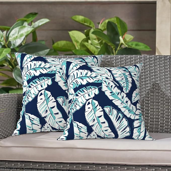 LVTXIII Outdoor Throw Pillows, Decorative Throw Pillows with Inserts, 16"x16" Square Pillows for Bed, Couch, Sofa and Patio Furniture, Set of 2, Baltic Palms White