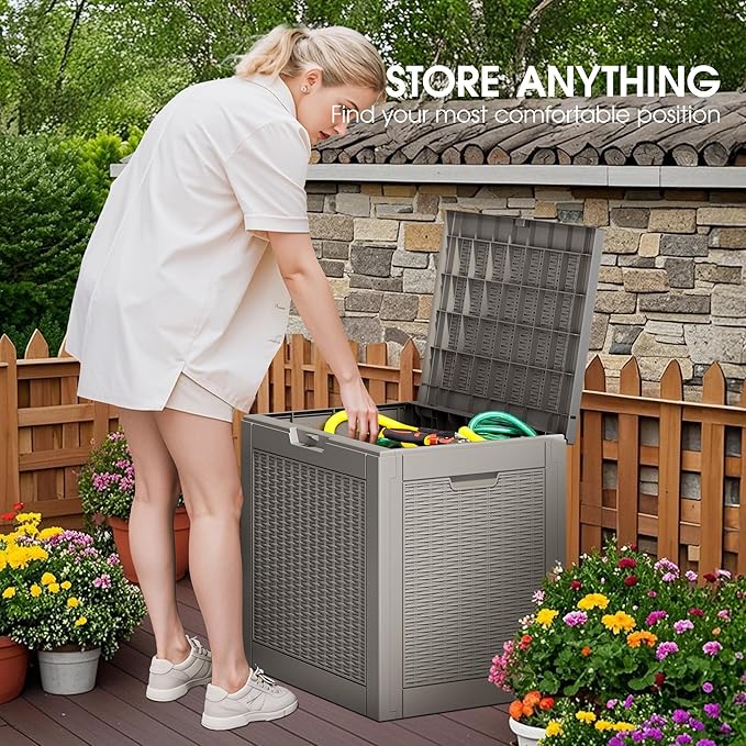 NUNU LAB Outdoor Storage Box, 33 Gallon Resin Deck Box Indoor and Outdoor Use, Waterproof Lockable Patio Storage Bin for Gardening Tools,Package Deliveries,Patio Cushions,UV Resistant,Grey
