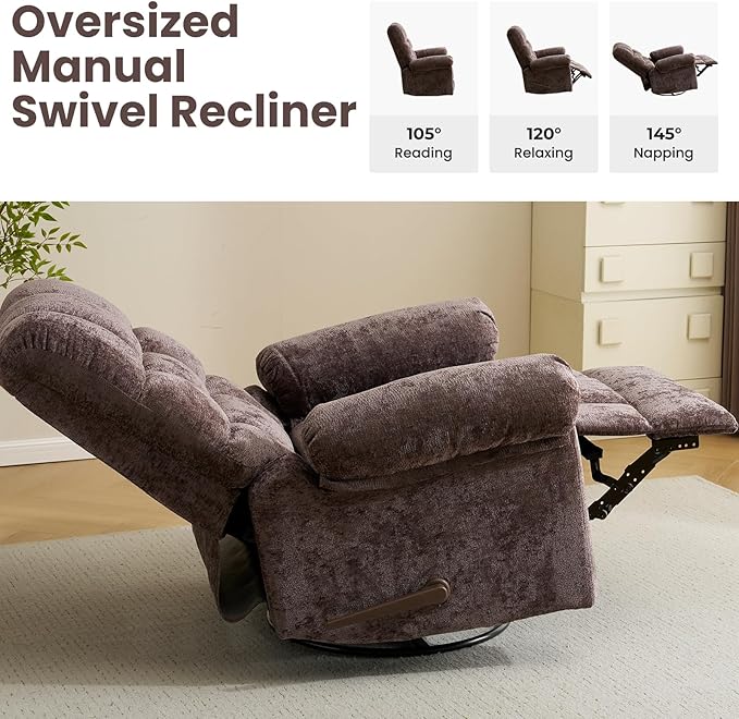 Oversized Swivel Rocker Recliner with Massage and Heat, 26" Extra Wide Manual Recliner for Adults & Big Man, Overstuffed Rocking Chair with High Back for Living Room, Coffee Chenille