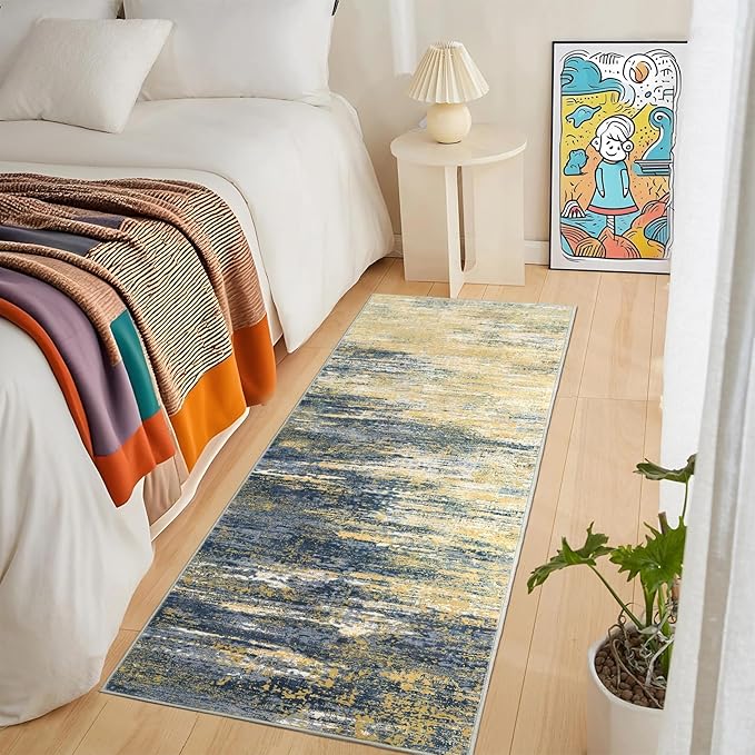 Washable Runner Rug 2x6 Modern Abstract Kitchen Rugs, Non Slip Bathroom Rug, Low Pile Laundry Room Soft Long Carpet for Hallway Bedroom Entryway, Yellow/Black