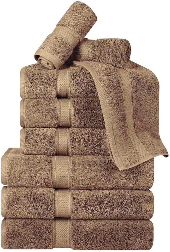 SUPERIOR Egyptian Cotton Pile 9 Piece Towel Set, Includes 3 Bath, 3 Hand, 3 Face Towels/Washcloths, Ultra Soft Luxury Towels, Thick Plush Essentials, Guest Bath, Spa, Hotel Bathroom, Latte
