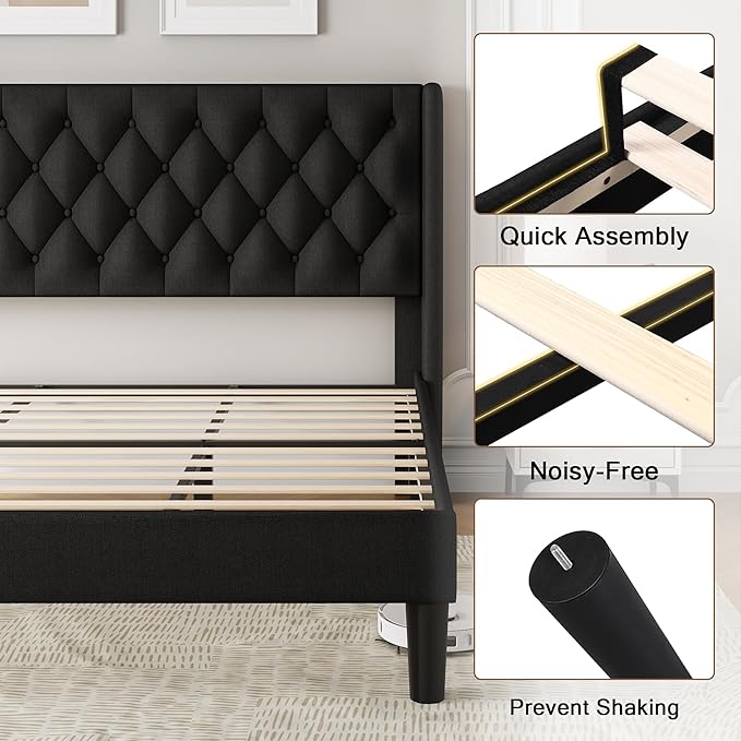 King Size Upholstered Bed Frame with Wingback Headboard, Fabric Linen Platform Bed, 8" Under Bed Storage, Wooden and Metal Slats Support, No Box Spring Needed, Black