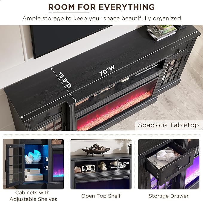 JXQTLINGMU Fireplace TV Stand for 80 Inch TV, Farmhouse Highboy Entertainment Center w/LED Lights & 36" Electric Fireplace, Large Media Console w/Glass Door Cabinet & Storage Drawer, Black