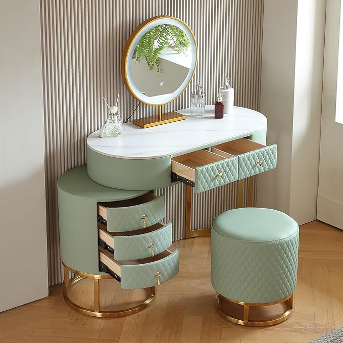 Faux Leather Makeup Vanity Desk Set with LED Lighted Mirror Luxury Dressing Makeup Table with Storage Drawers & Vanity Stool, Green
