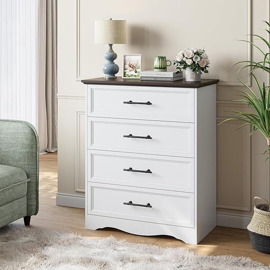 White Dresser for Bedroom, Modern 36" Tall 4 Chest of Drawers, Wide Chest of Drawers w/Brushed Metal Handle, Wood Closet Organizers and Storage Cabinet for Bedroom, Living Room, Hallway
