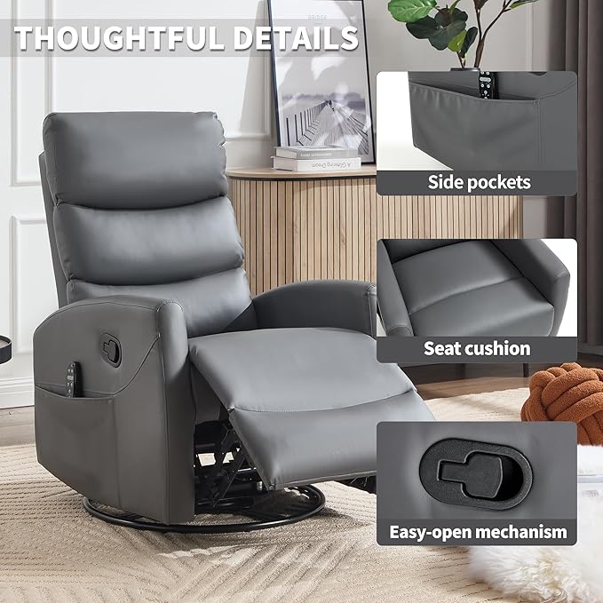 PELUMY Massage Recliner Chair with Heat - Manual Rocker Swivel Recliner, 360° Rotation & 155° Recline for Living Room（Breathable Leather, Grey）