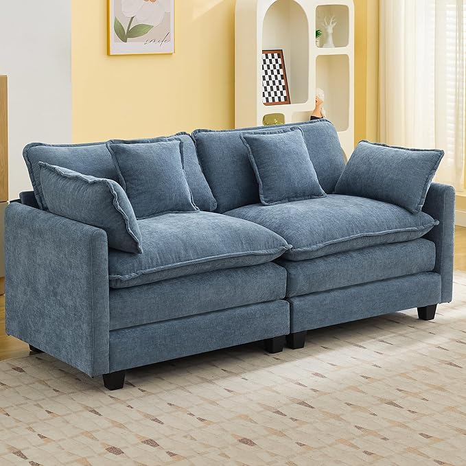 76'' Cloud Deep Seat Loveseat, Upholstered Chenille Modular 2-Seats Sectional Sofa Couch, Modern Comfy Settee Loveseat for Living Room Set, Small Apartment, Blue