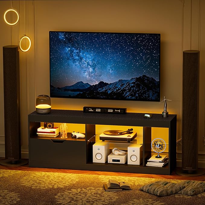 Homall LED TV Stand Mount for 65 inch, Modern Entertainment Center with LED Lights & High Glossy Cabinets, TV Cabinet Console Table with Drawer, Glass Shelves, Dynamic RGB Modes for Living Room, Black