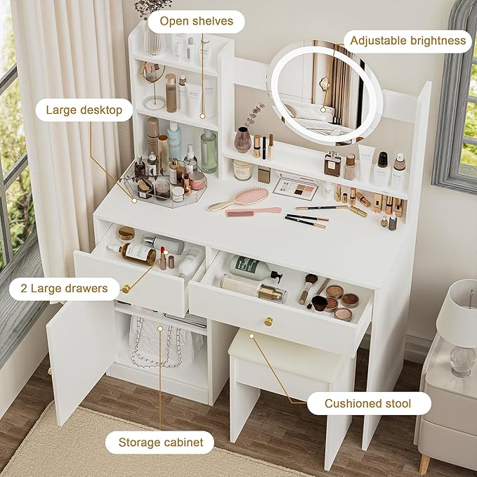 Vanity Table Set with Mirror and Adjustable Lights, Cushioned Chair, Make Up Desk for Bedroom, Elegant Dressing Table with 3 Color Lighting, 2 Drawers for Girls & Makeup Enthusiasts