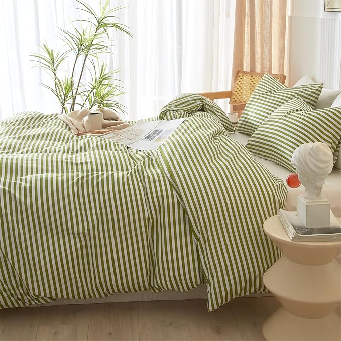 mixinni Striped Comforter Set Queen Size - Green White Stripes Pattern Bed Set for All Season, 3 Pieces Lightweight Bedding Comforter Sets for All Seasons (1 Soft Fluffy Comforter + 2 Pillowcases)