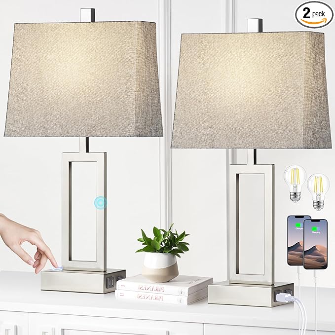 23.5" Touch Control Table Lamps, Metal Bedside Lamp for Bedroom Set of 2 with USB A+C Ports & AC Outlet, 3-Way Dimmable Nightstand Lamp for Living Room (LED Bulb Included)