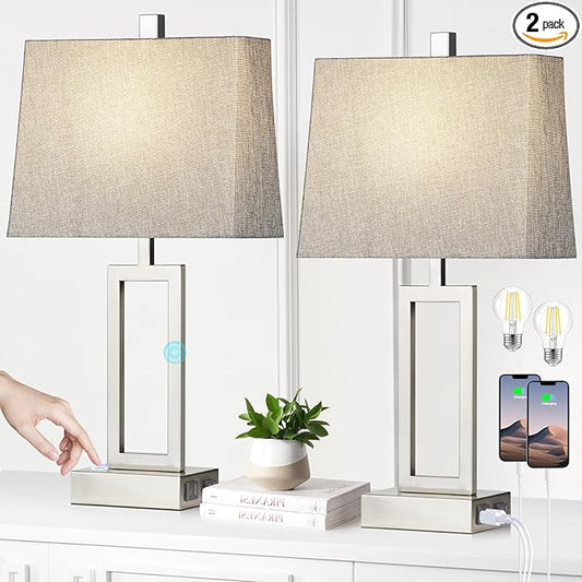 23.5" Touch Control Table Lamps, Metal Bedside Lamp for Bedroom Set of 2 with USB A+C Ports & AC Outlet, 3-Way Dimmable Nightstand Lamp for Living Room (LED Bulb Included)