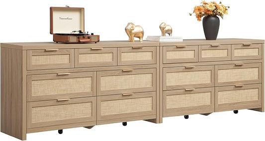SICOTAS 7 Drawer Dressers for Bedroom Set 2, Long Rattan Dresser, Dresser TV Stand, Closet Organizer Chest of Drawers, Clothes Storage Dressers (Reclaimed Light Oak, 7 Drawers (2 pcs))