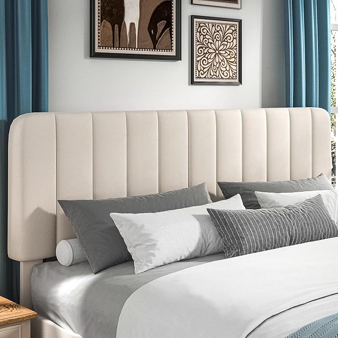 VECELO King Size Bed Frame with Upholstered Headboard, Velvet Platform Bedframe Mattress Foundation, Strong Wood Slat Support, No Box Spring Needed,Velvet Beige