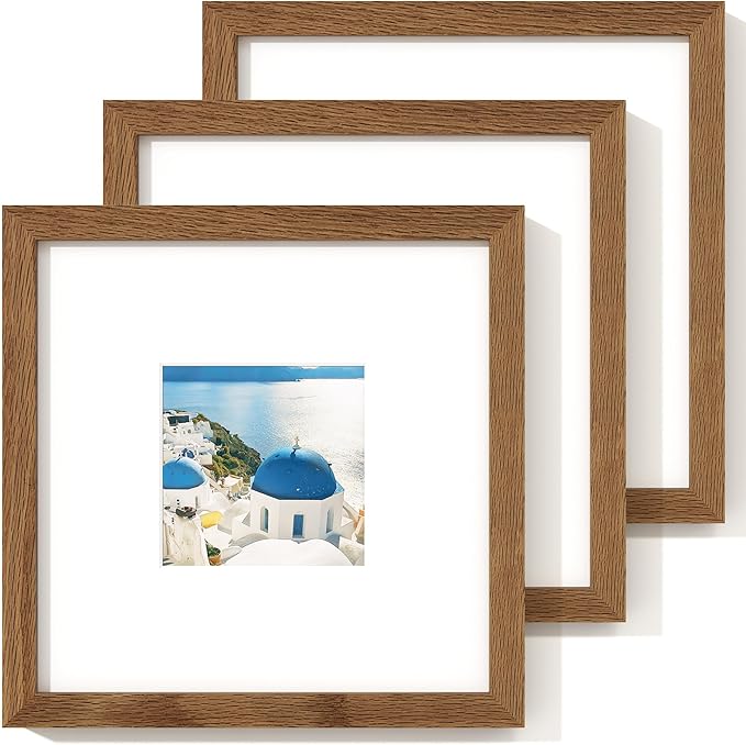 Axeman 8x8 Solid Oak Wood Frame With Mat For 4x4 | 8 By 8 Wooden Picture Frame | Plexiglass And Hanging Hardware Included | Walnut, 3 PCs