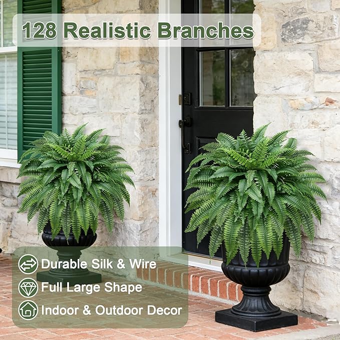 Set of 2 UV-Resistant Fake Boston Fern Bush with 128 Branches, 51" Large Faux Ferns for Outdoors, Artificial Fern Plants for Outdoor & Indoor Decor Office & Living Room Decor（Pot is not Included）