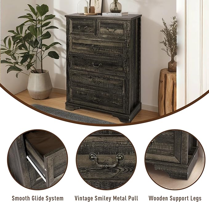 Farmhouse Bedroom Set, 3 Pieces Bedroom Furniture Set, Rustic Wood Tall 6 Drawer Dresser and Nightstands, Chest of Drawers Wide Storage Organizer Cabinet for Bedroom