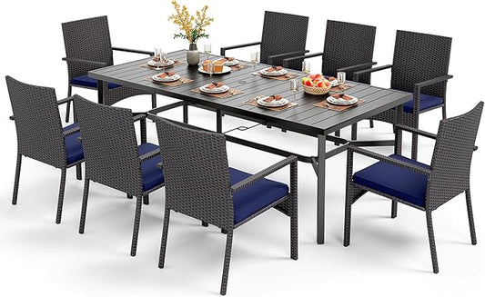 PHI VILLA 9 Pieces Outdoor Dining Set for 8, Rectangle Large Metal IronTable with Umbrella Hole & Cushioned Wicker Chairs, Large Dining Furniture for Patio, Deck, Yard, Porch