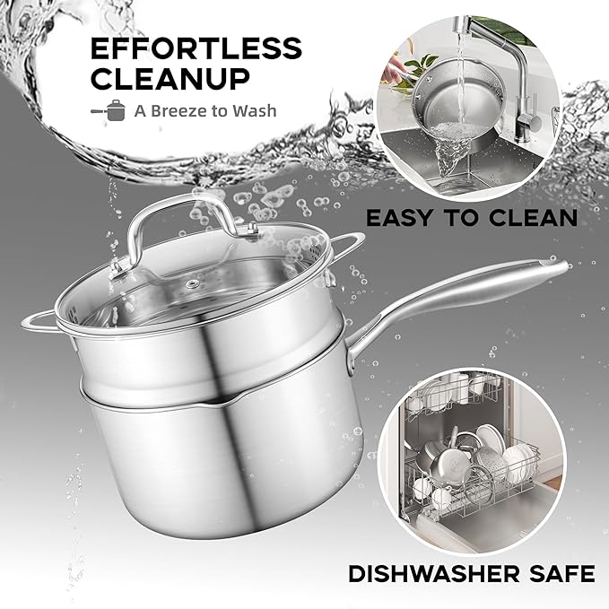 Leetaltree 3.5 Quart Stainless Steel Saucepan with Steamer Basket, Tri-ply Construction, Versatile Sauce Pan with Double-sized Drainage Lid - Perfect for Cooking Gravies, Pasta, Vegetable and More