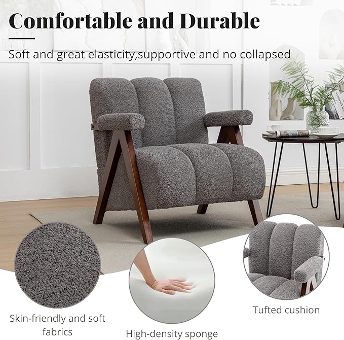 Mid Century Modern Accent Chair with Solid Wood Frame, Boucle Upholstered Living Room Chairs with Thick Cushion, Comfy Tufted Arm Chair for Bedroom, Grey